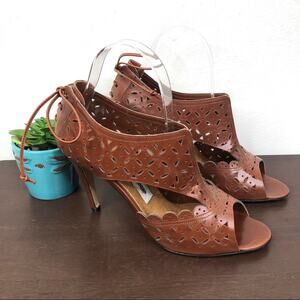 Manolo Blahnik Brown Perforated Open Toe Lace Back Sandals Heels Size 38